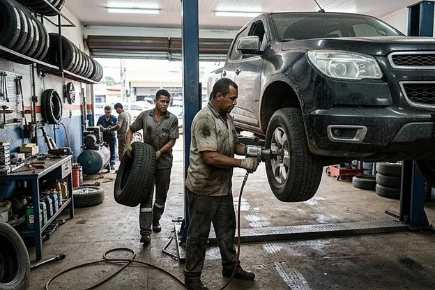 Processo de rodízio de pneus em uma borracharia em Santana.