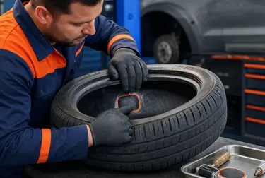 Técnico consertando um pneu com ferramentas adequadas em Santana