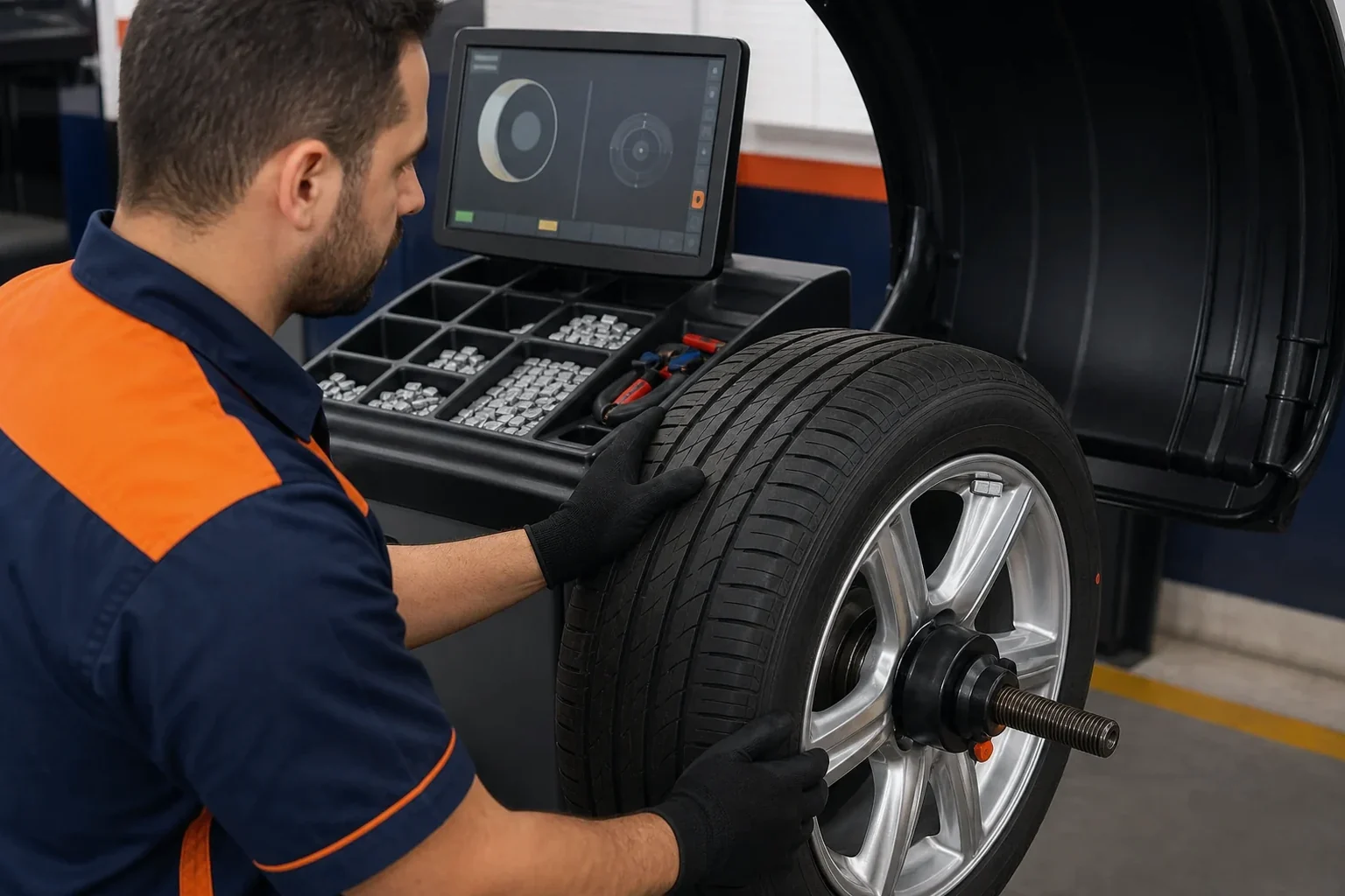 Técnico fazendo balanceamento de rodas em Santana
