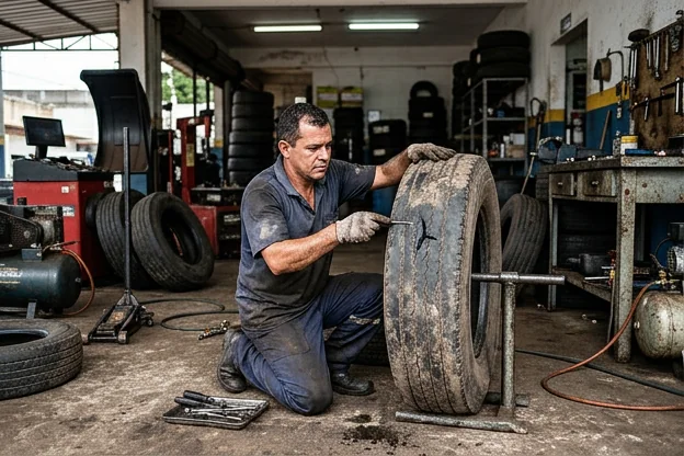 Técnico inspecionando um pneu danificado em uma borracharia em Santana.