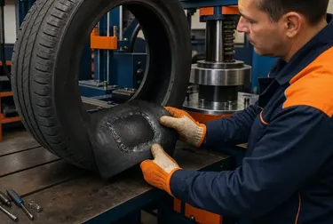 Técnico realizando vulcanização em um pneu em Santana