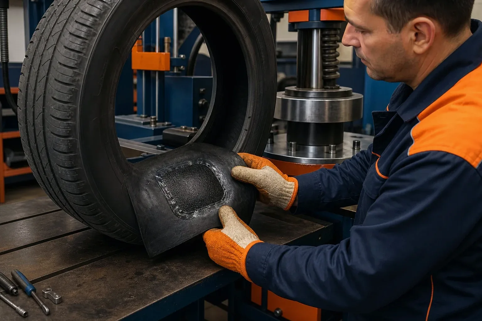 Técnico realizando vulcanização em um pneu em Santana