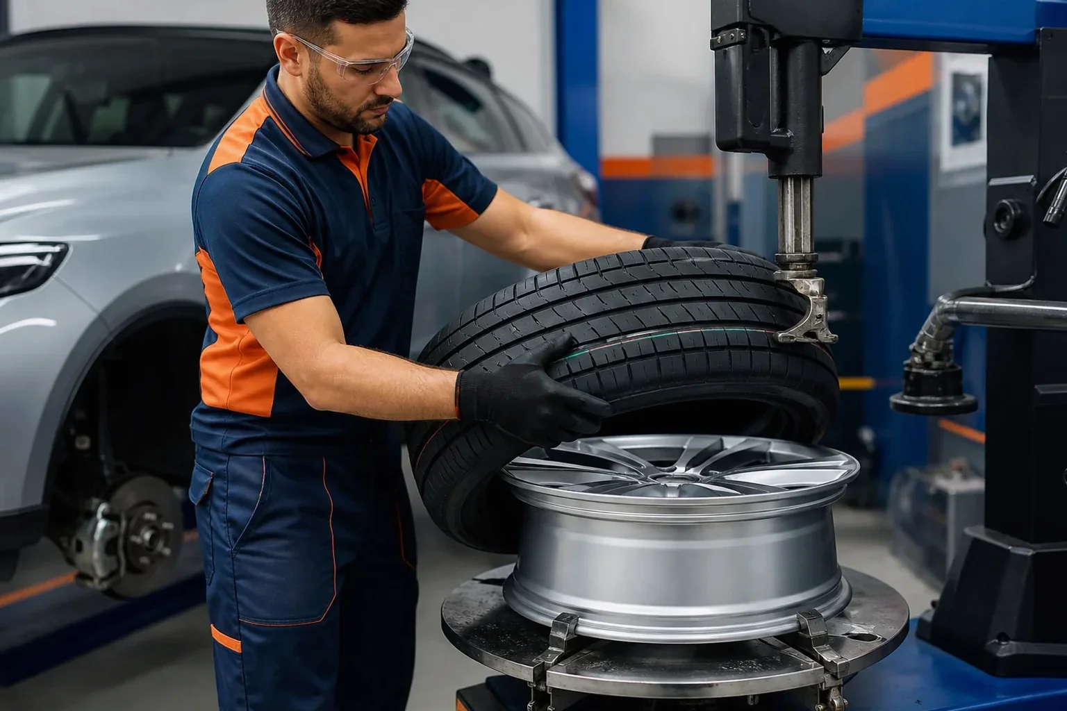 Técnico trocando um pneu em Santana